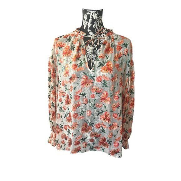 Alice and Olivia Floral Womens Silk Shirt Top Blouse Orange Peach Long Sleeve SM - Picture 1 of 7